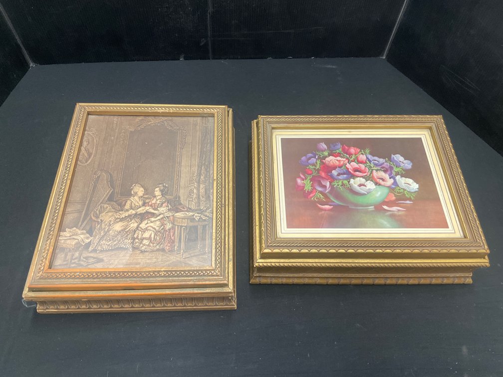 Gilt-Finish Decorative Boxes with Framed Print Lids