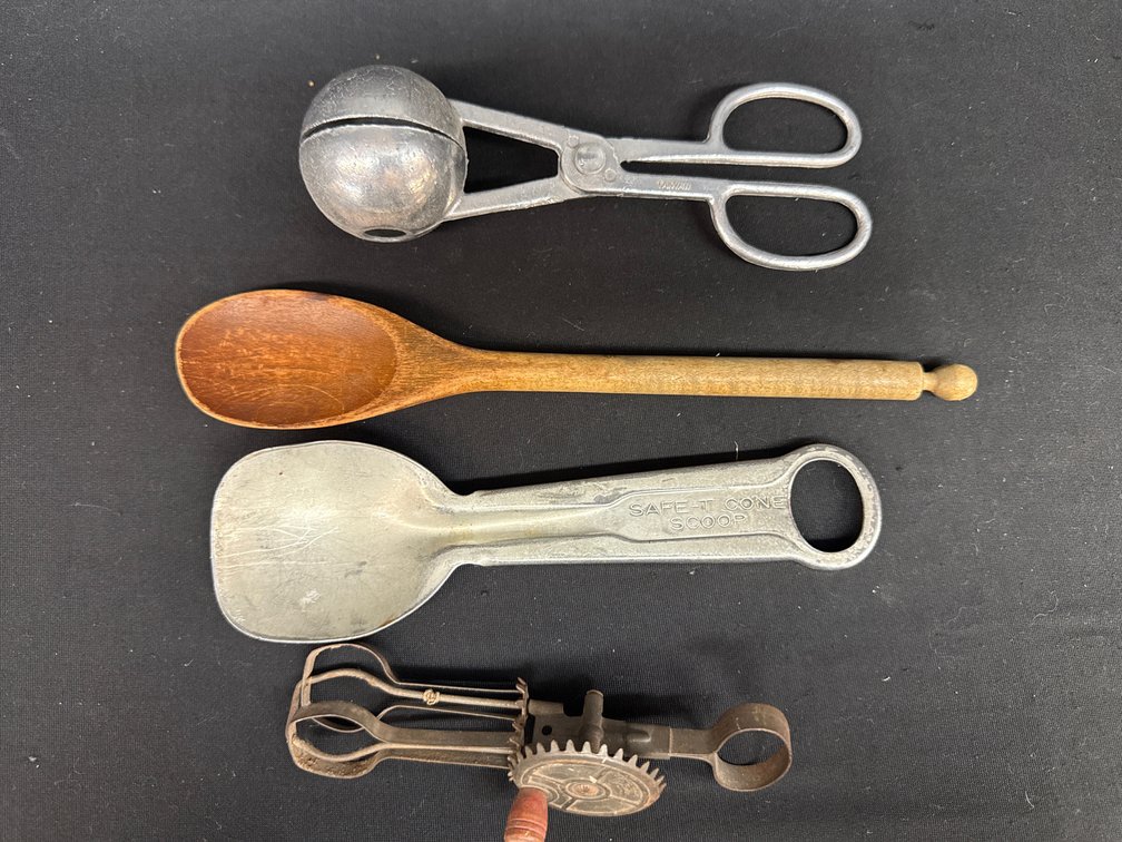 Rotary Egg Beater, Ice Cream Scoop, Baller Tongs, and Wooden Spoon