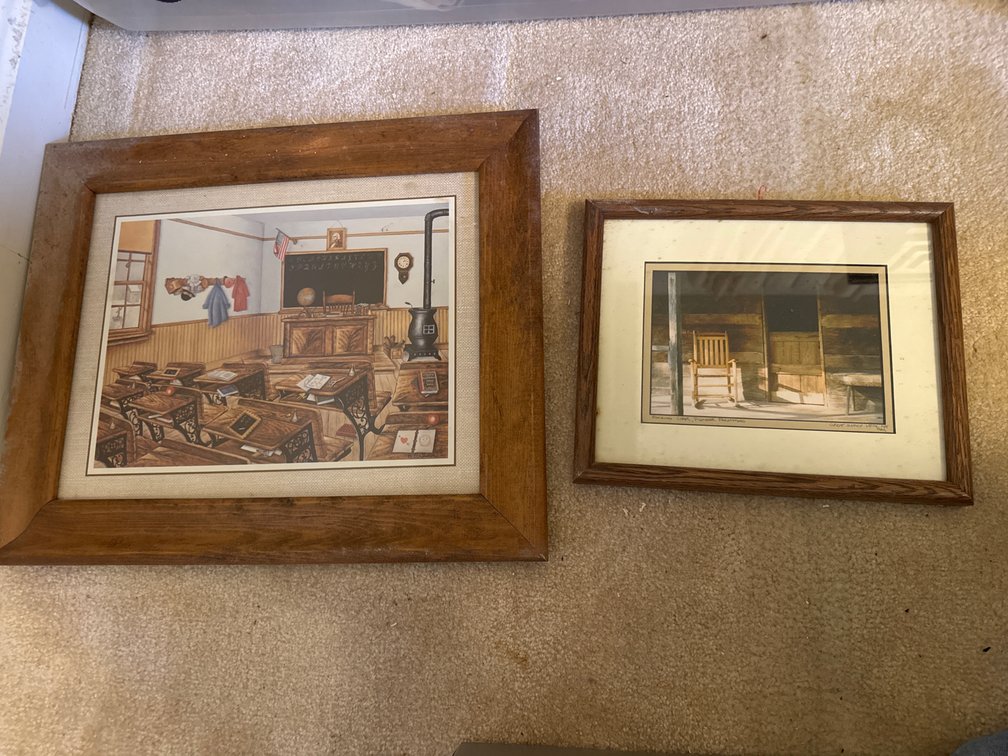 Two Framed Art Prints of Schoolhouse and Pioneer Farmstead