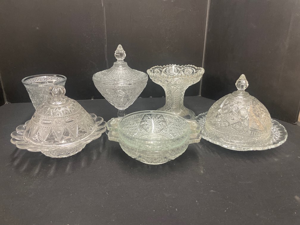 Clear Pressed Glass Covered Dishes, Compotes, and Bowls