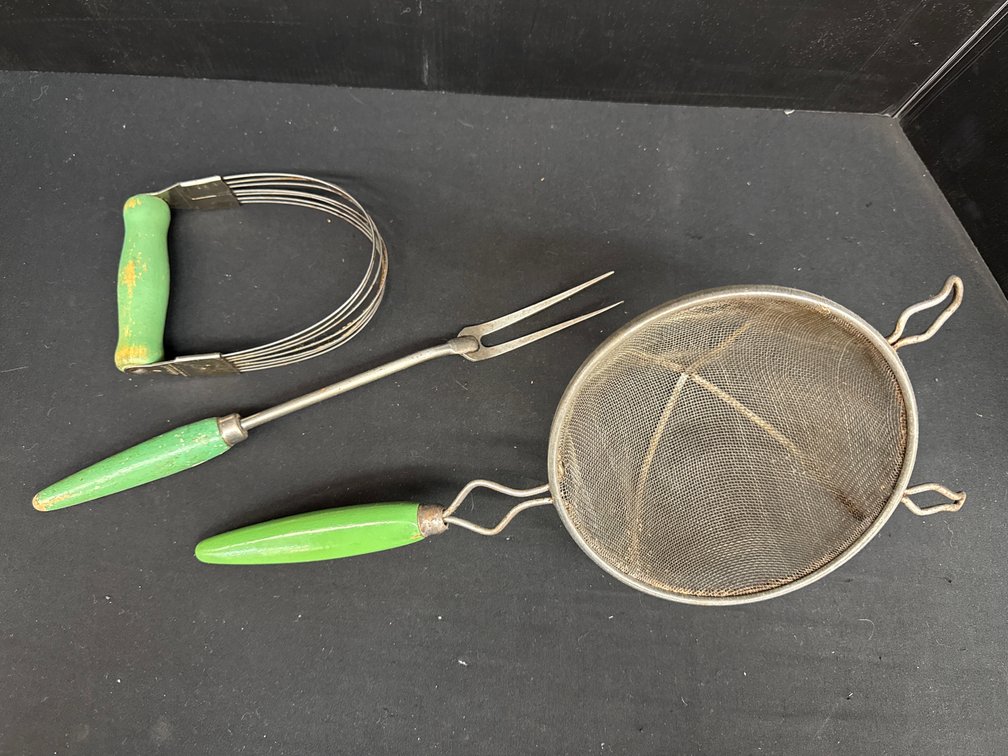 Green Wood Handle Pastry Blender, Two-Prong Fork, and Strainer