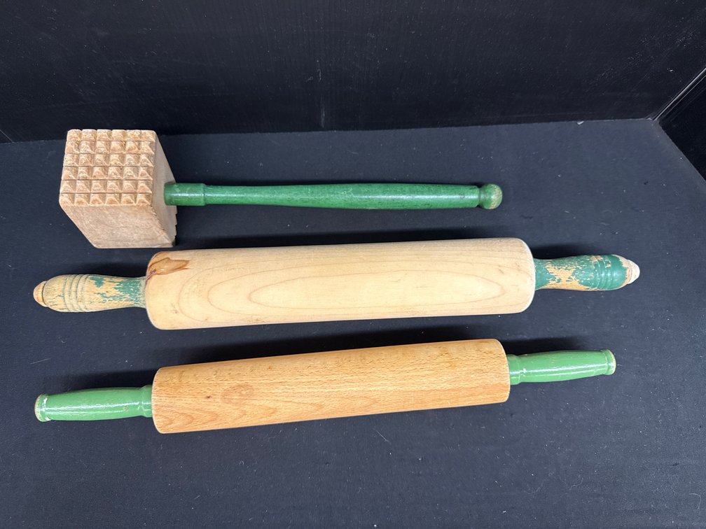 Wooden Meat Mallet and Rolling Pins with Green Handles