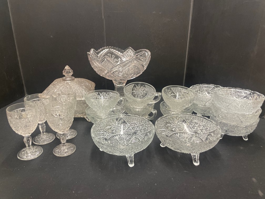 Clear Pressed Glass Compote, Covered Box, and Tableware