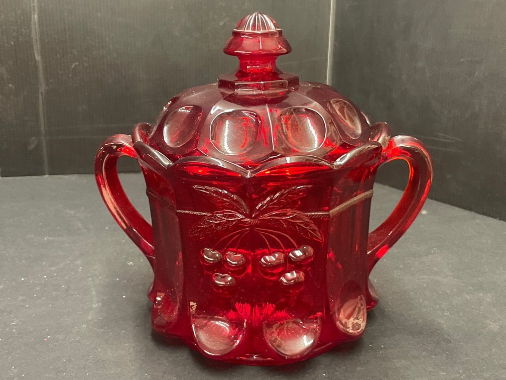Mosser Glass Ruby Red Pressed Glass Covered Sugar Bowl