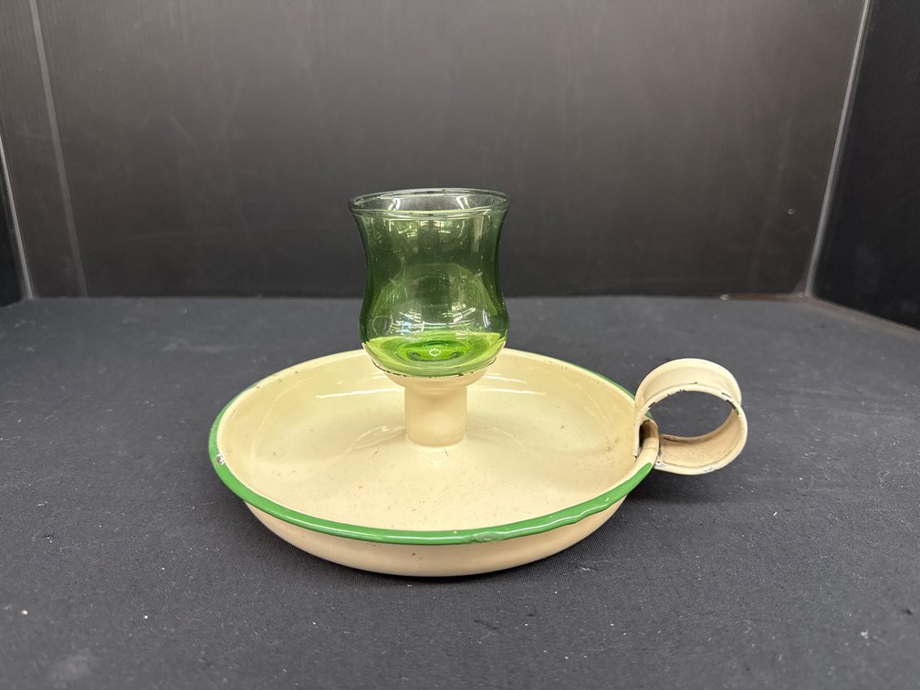 Enamelware Chamberstick with Green Glass Peg Votive Cup