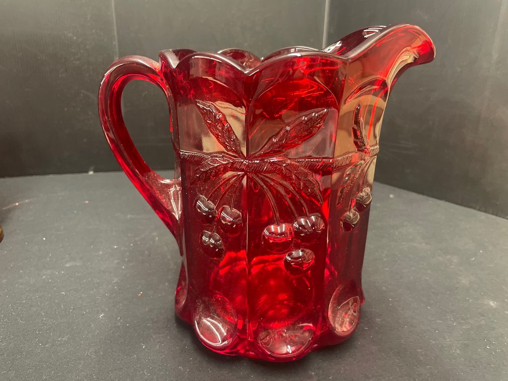 Ruby Red Pressed Glass Cherry Pattern Pitcher