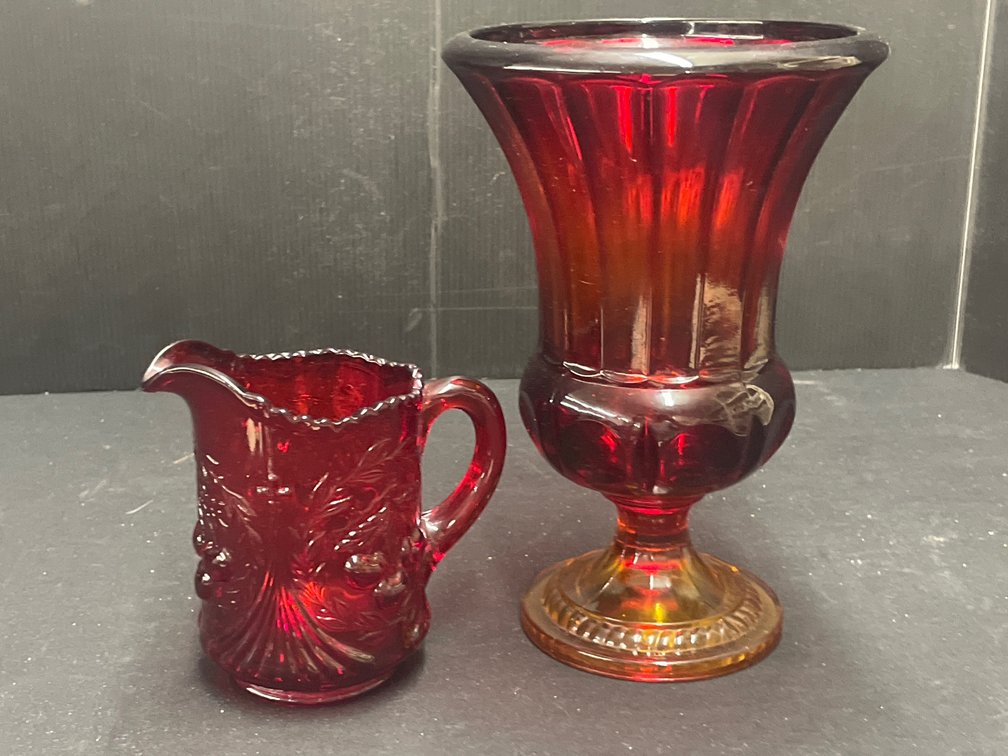 Ruby Red Pressed Glass Creamer and Footed Urn Vase