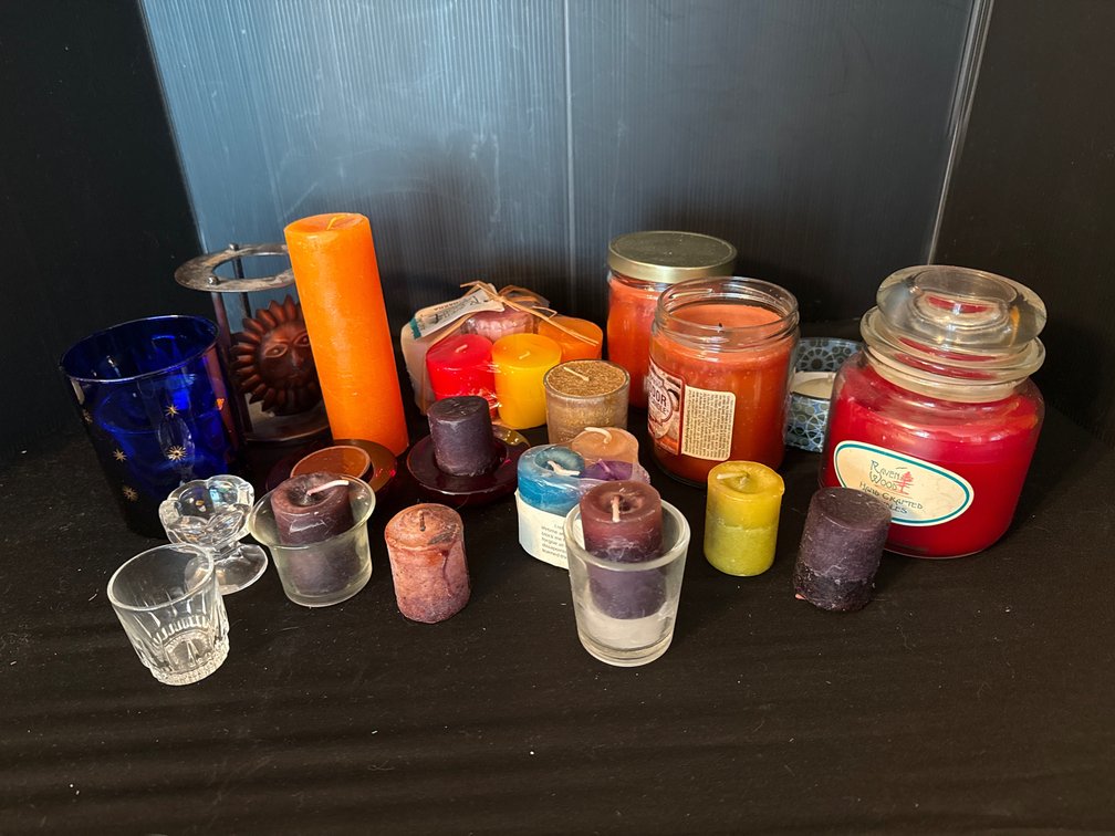 Candles, Glass Candle Holders, and Metal Stand