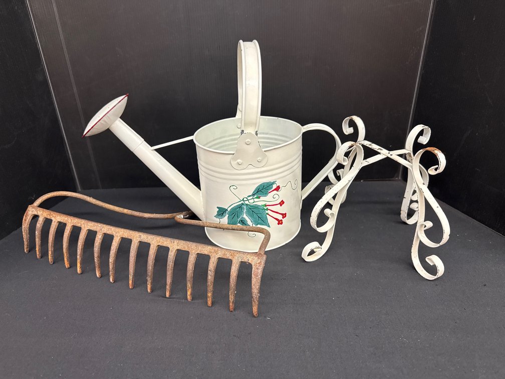 Metal Watering Can, Rake Head, and Stand