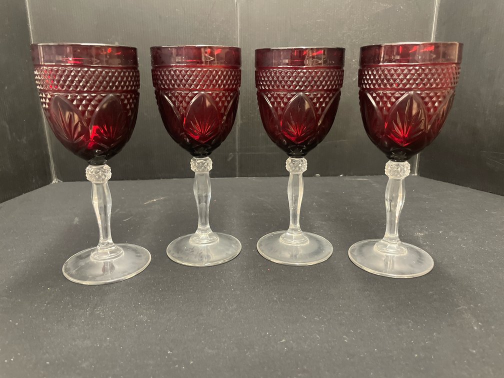 Ruby Red Pressed Glass Goblets with Clear Stems