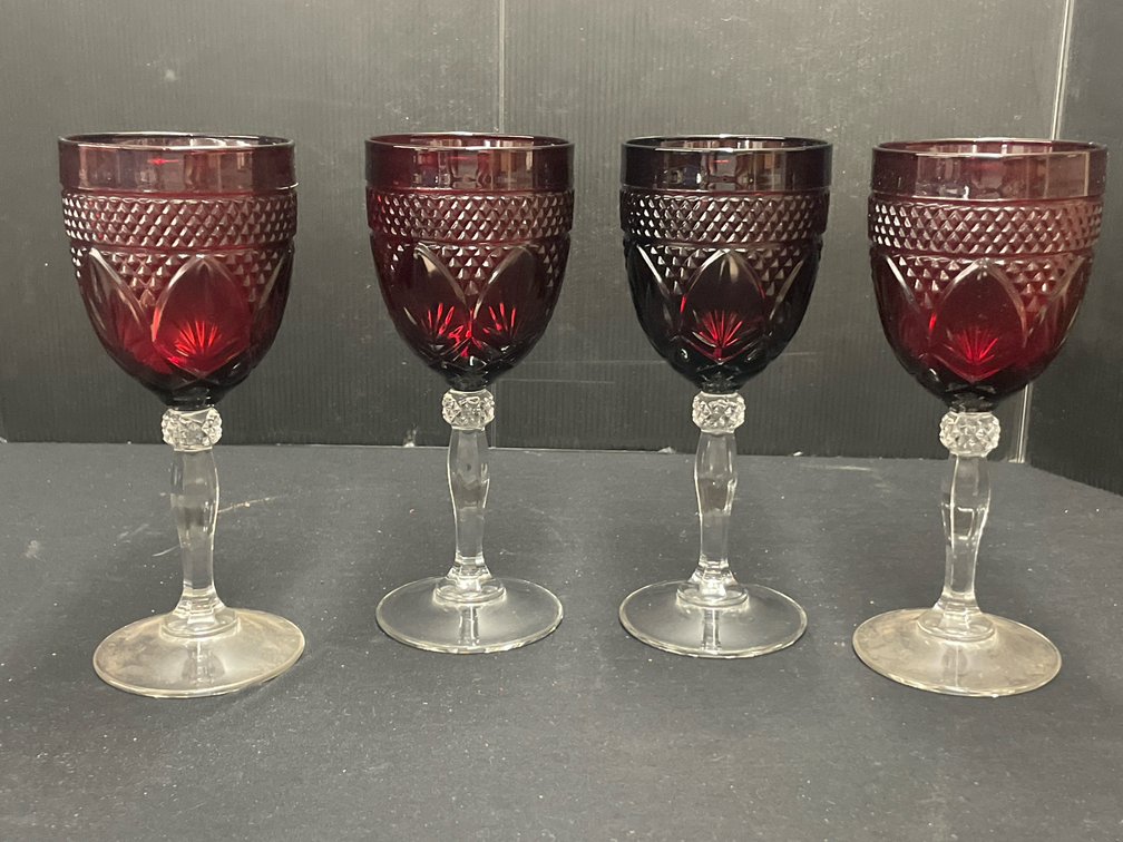 Ruby Red Cut Glass Goblets with Clear Stems