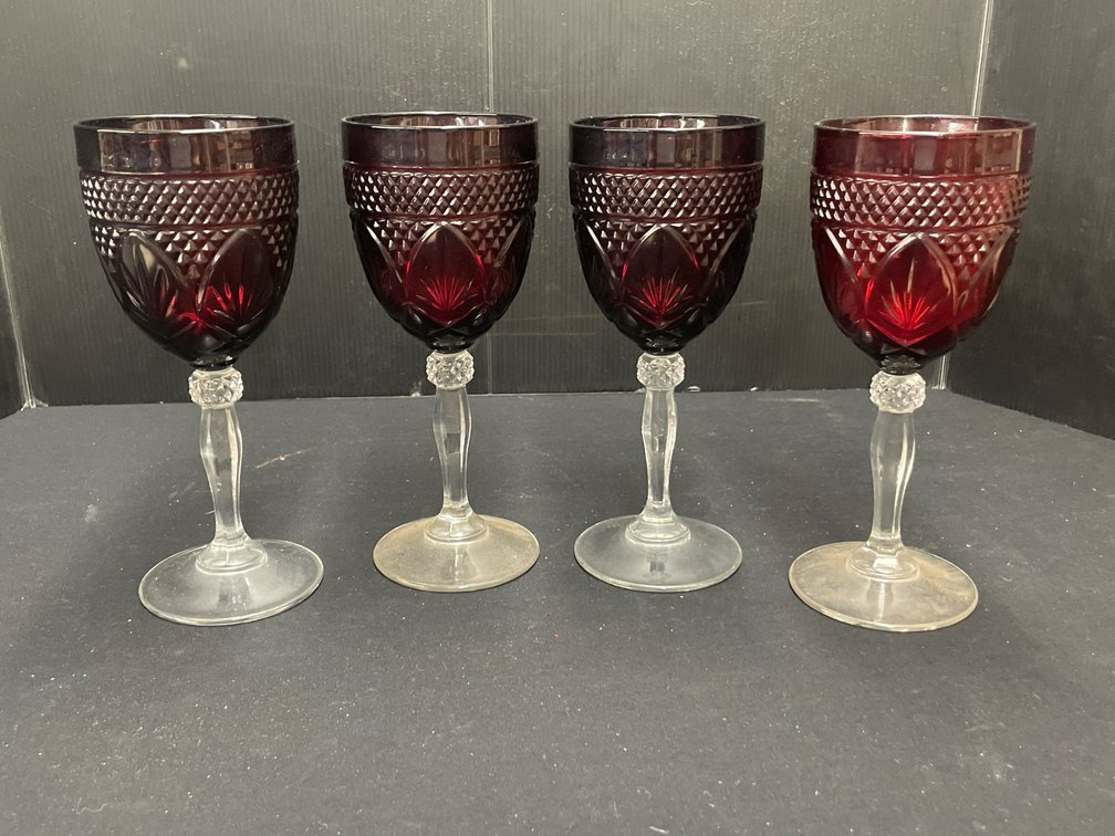 Ruby Red Cut Glass Goblets with Clear Stems