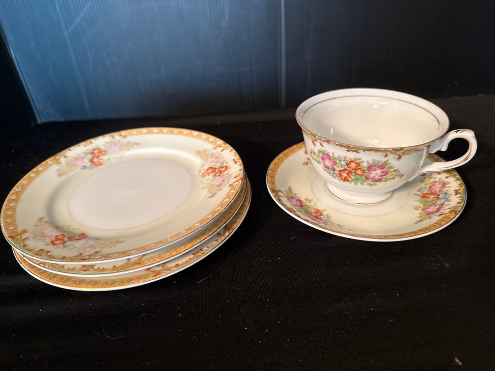 Diamond Hand-Painted Porcelain Teacup, Saucer, and Plates