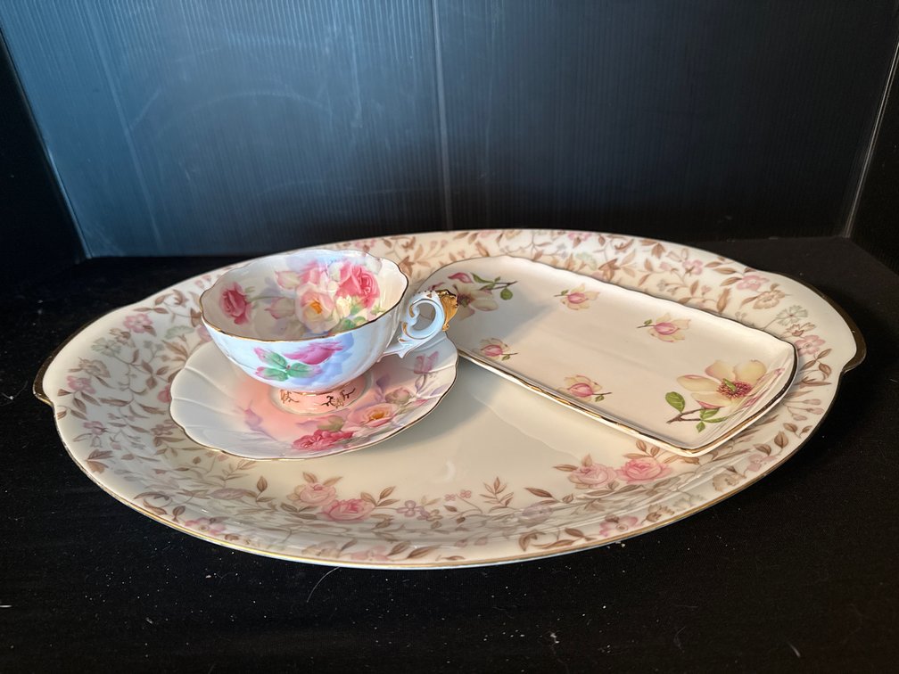 Floral Porcelain Platter, Tray, and Teacup with Saucer