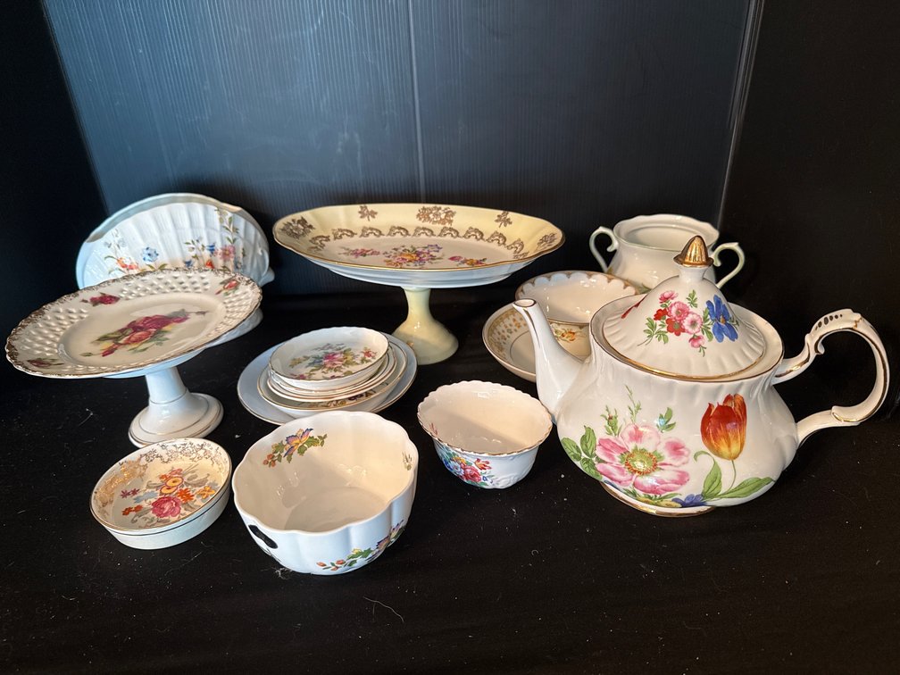 Floral Porcelain Teapot, Pedestal Compotes, and Tableware