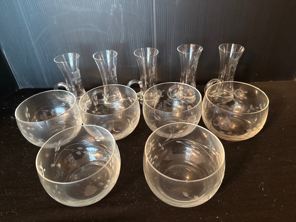 Etched Clear Glass Bowls and Handled Cordial Glasses