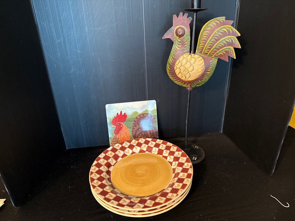 Ceramic Plates, Insulated Hot Pad, and Rooster Candleholder