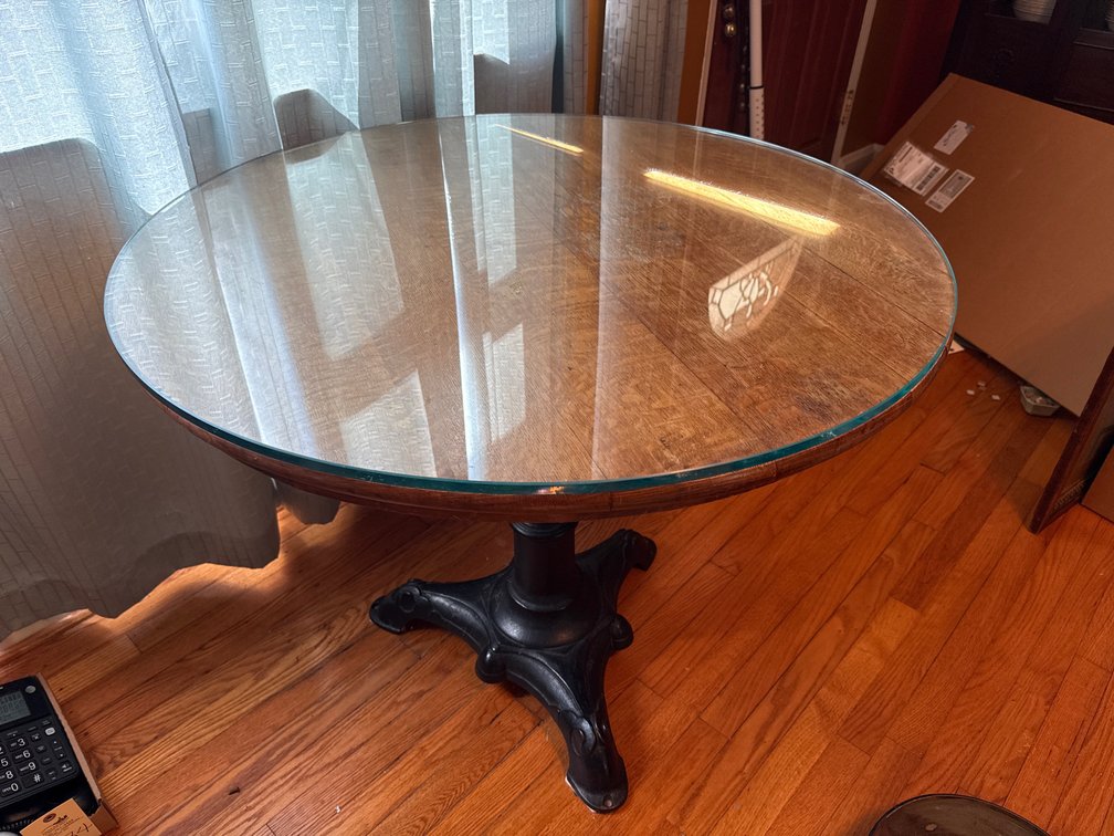 Round Quarter-Sawn Oak Pedestal Table with Glass Top