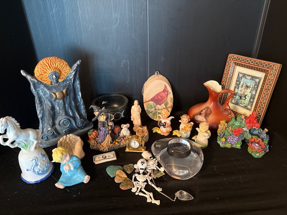 Decorative Figurines, Framed Painting, Clock, and More