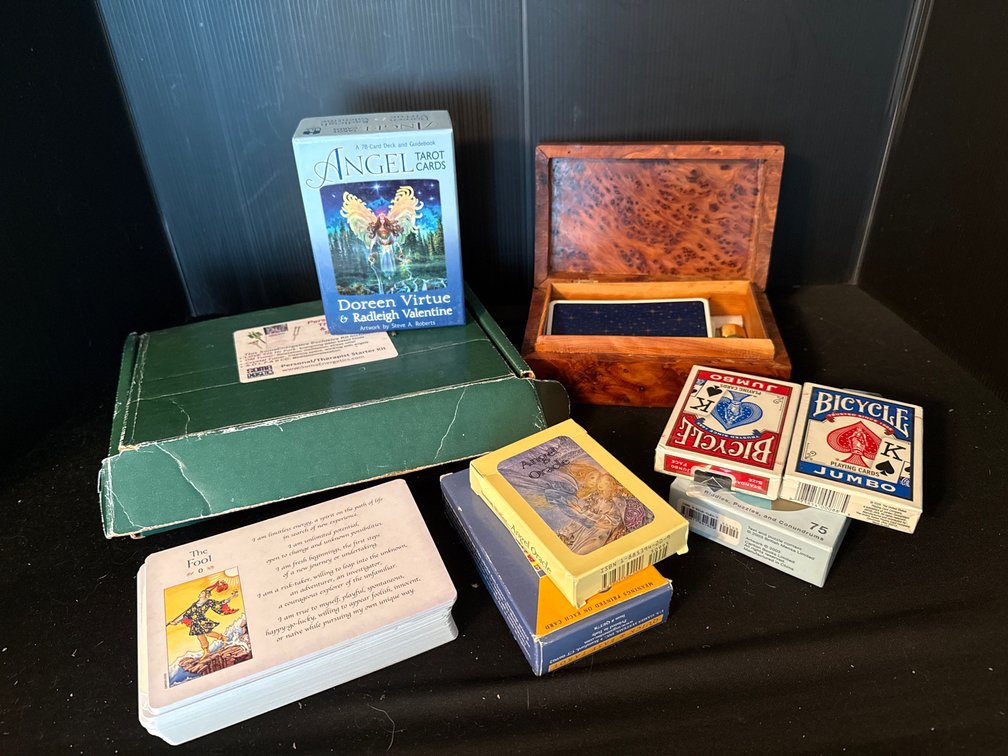 Tarot Card Decks, Inlaid Wooden Box, and Sound Therapy Kit