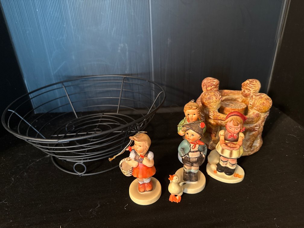 Wire Basket, Terracotta Candleholder, and Figurines