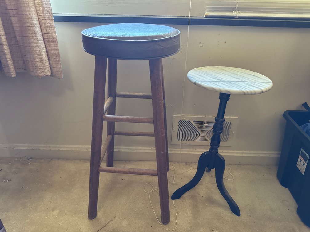 Wooden Bar Stool and Marble-Top Pedestal Side Table