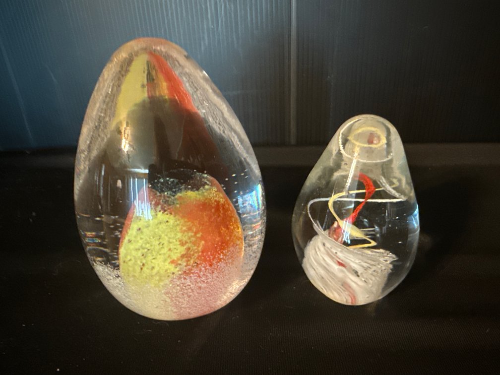 Two Clear Art Glass Paperweights with Controlled Bubbles