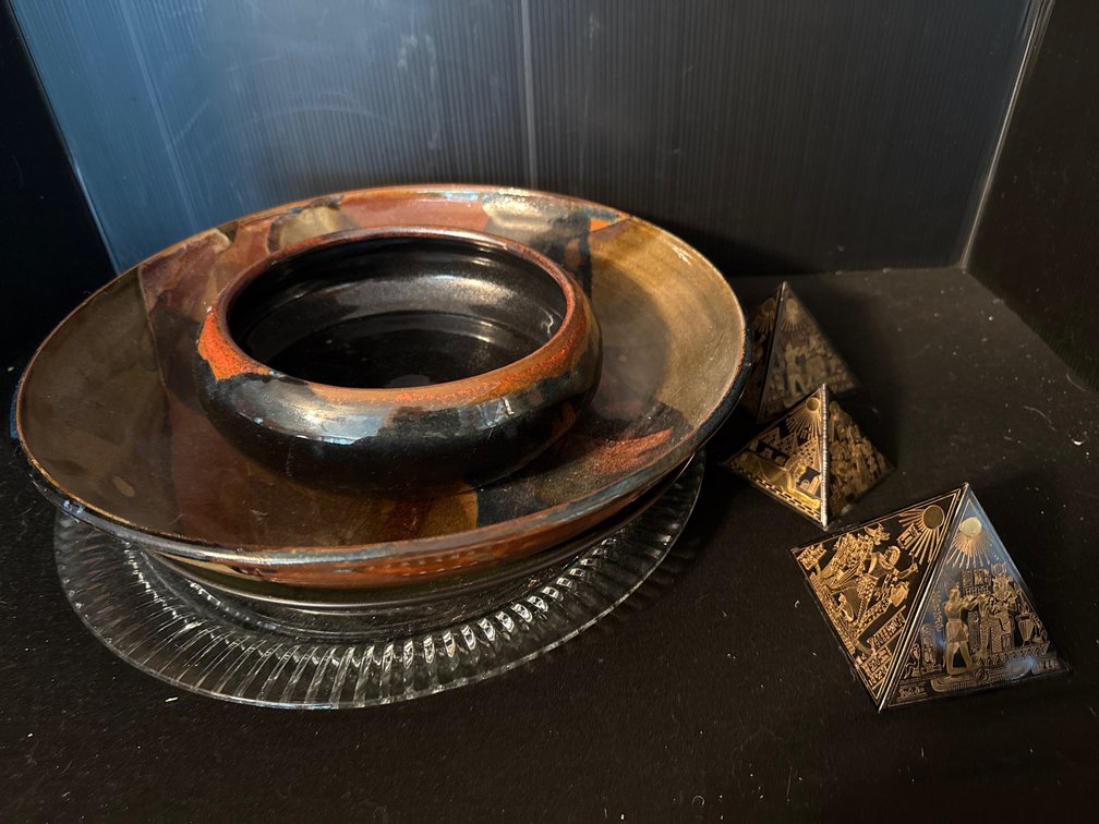Ceramic Tableware, Glass Platter, and Egyptian Pyramids