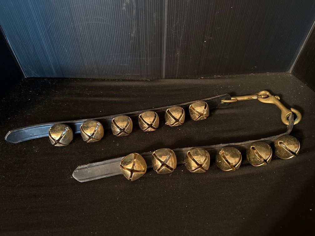 Black Leather Sleigh Bell Strap with Brass Crotal Bells