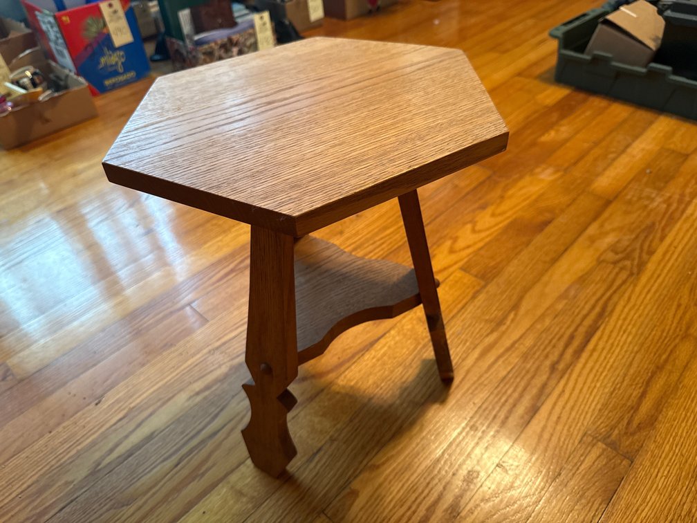 Hexagonal Oak Three-Legged Side Table with Lower Shelf