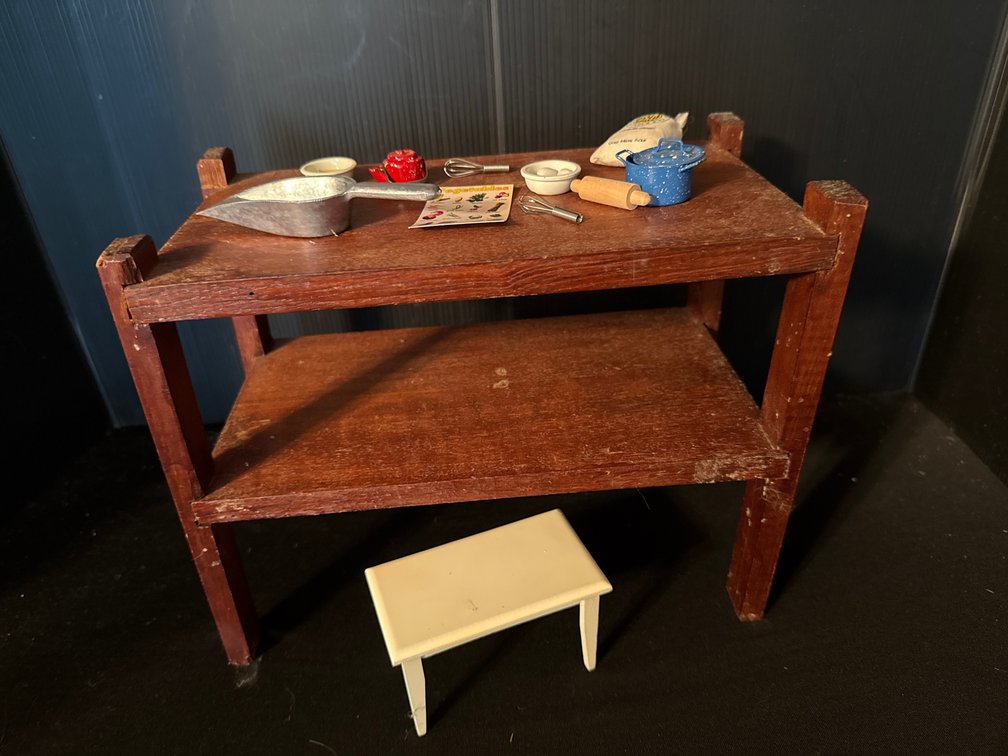 Miniature Kitchen Work Table, Bench, and Accessories