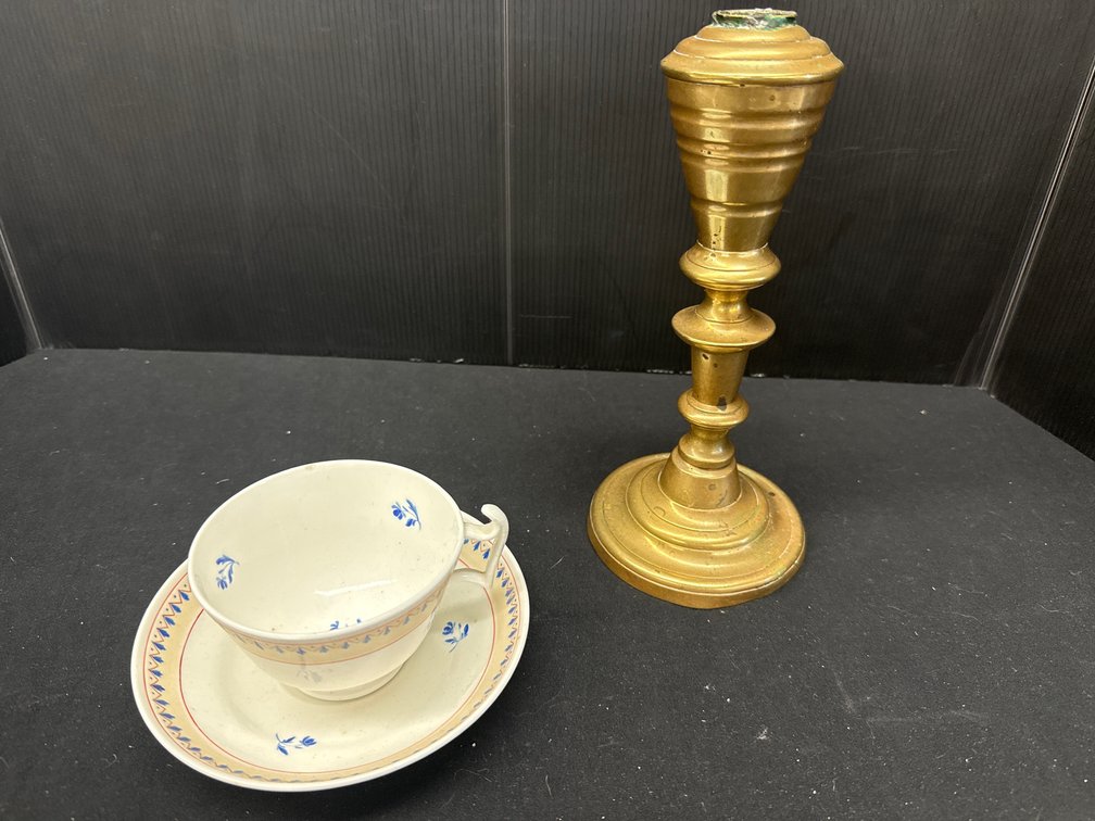 Brass Candlestick/Teacup, and Saucer