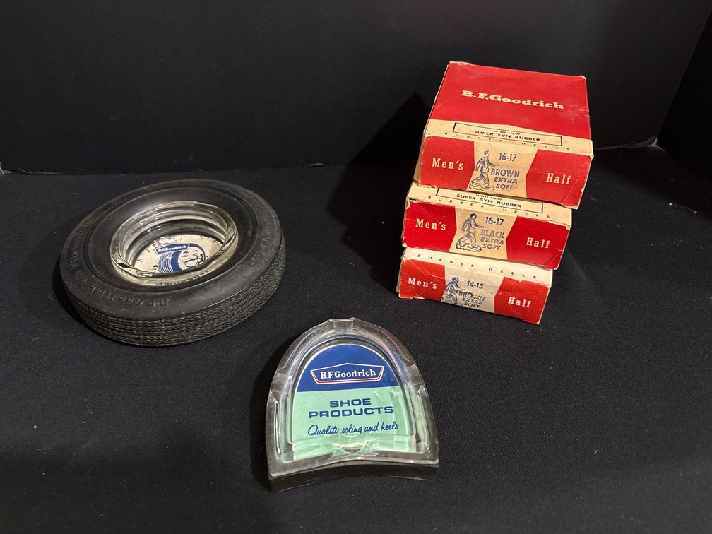 B.F. Goodrich Tire Ashtray, Heel Ashtray, and Rubber Heels