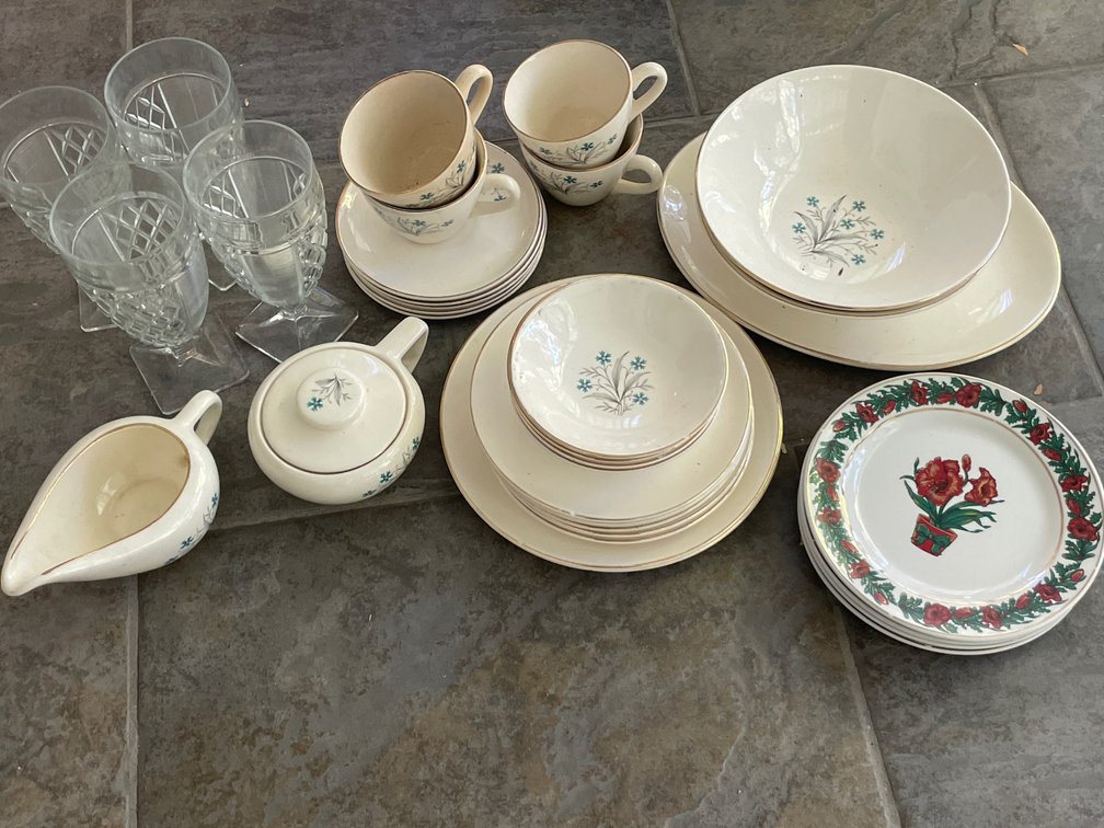 Ceramic Dinnerware, Amaryllis Plates, and Glass Goblets