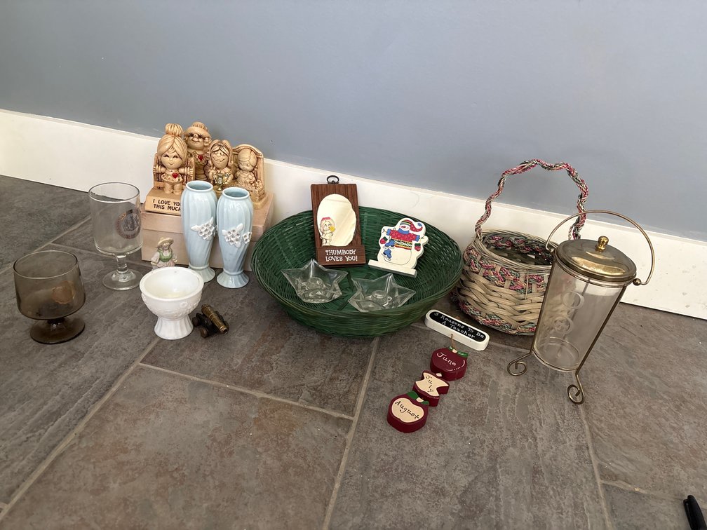 Glassware, Resin Figurines, Baskets, and Tabletop Accents