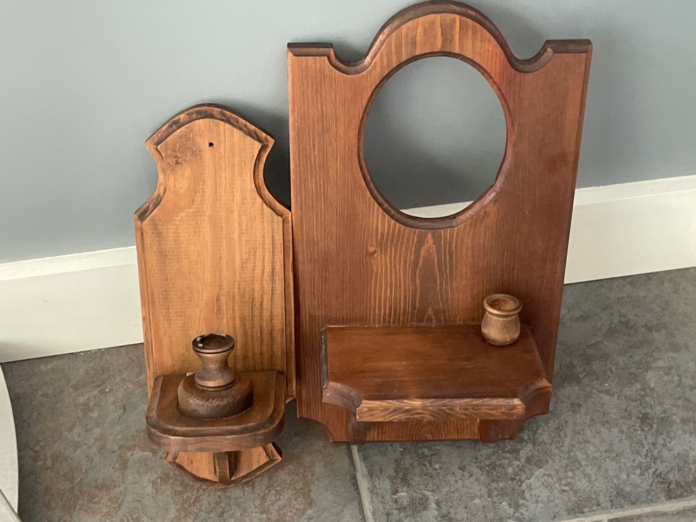 Two Stained Wood Wall Sconces and Shelves