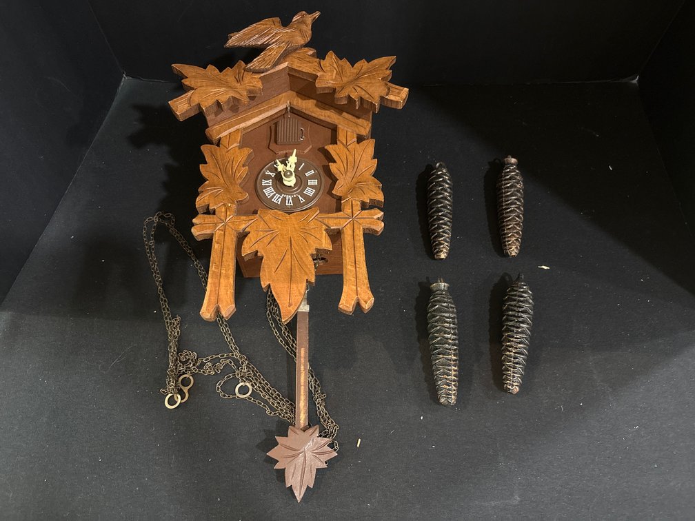 Carved Wood Cuckoo Clock with Weights and Pendulum
