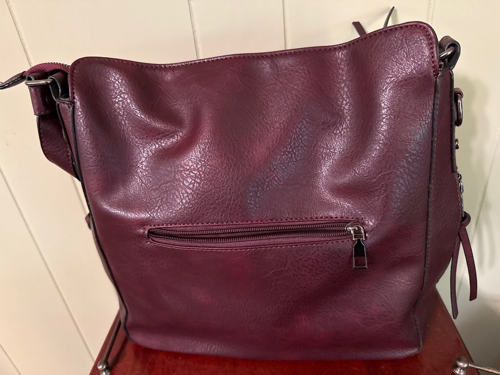 Burgundy Textured Shoulder Bag with Exterior Zip Pockets