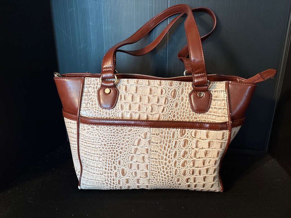 M.C. Crocodile-Embossed Two-Tone Tote Handbag
