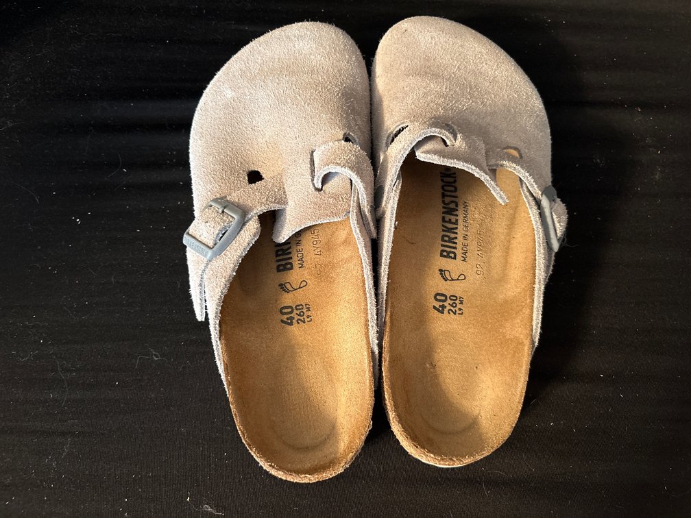 Birkenstock Boston Taupe Suede Clogs, Size 40