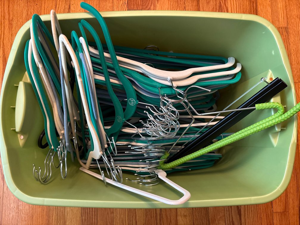 Flocked Clothes Hangers, Plastic Hangers, and Storage Tub