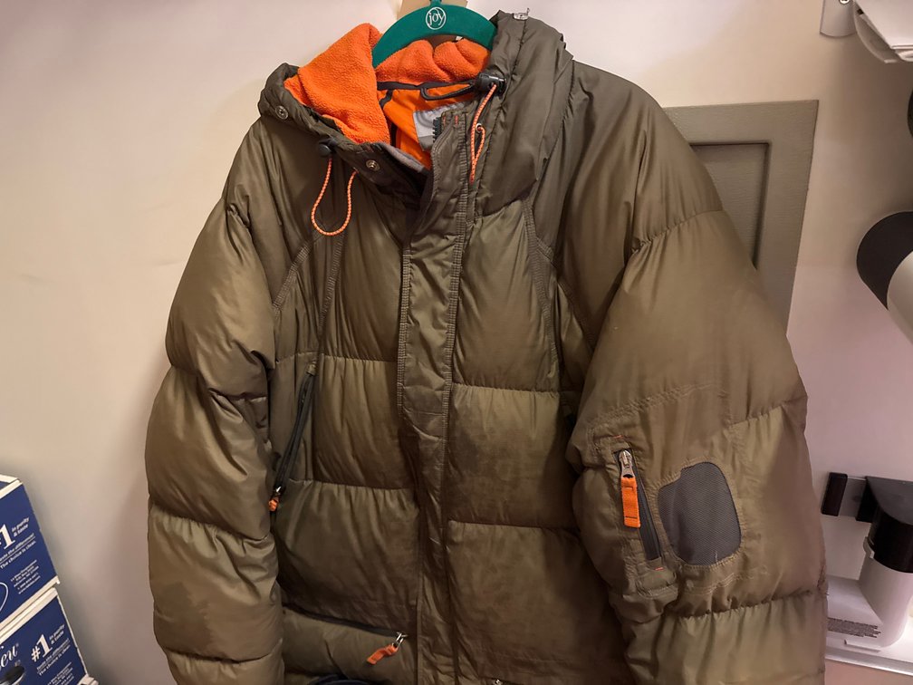 Olive Brown Hooded Quilted Puffer Parka with Orange Lining