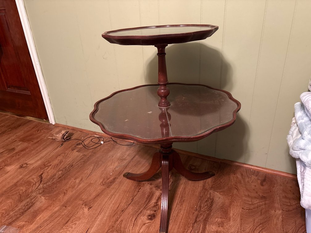 Two-Tier Scalloped Wood Accent Table with Glass Inserts