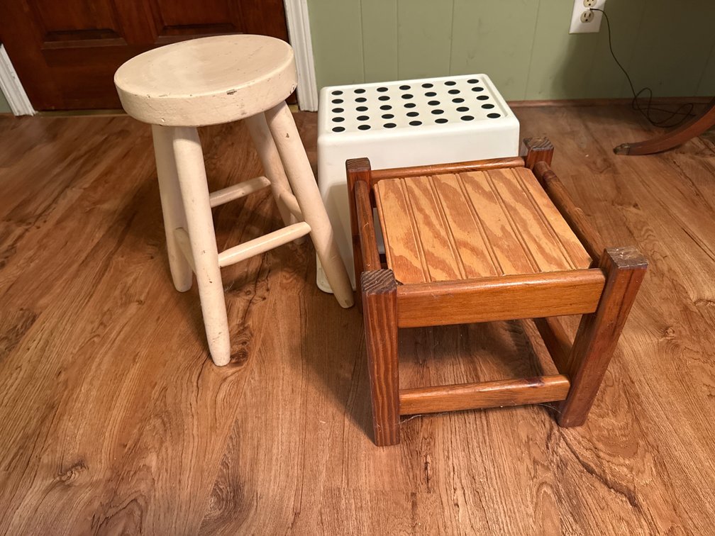 Painted Wood Stool, Plastic Step Stool, and Stained Wood Stool