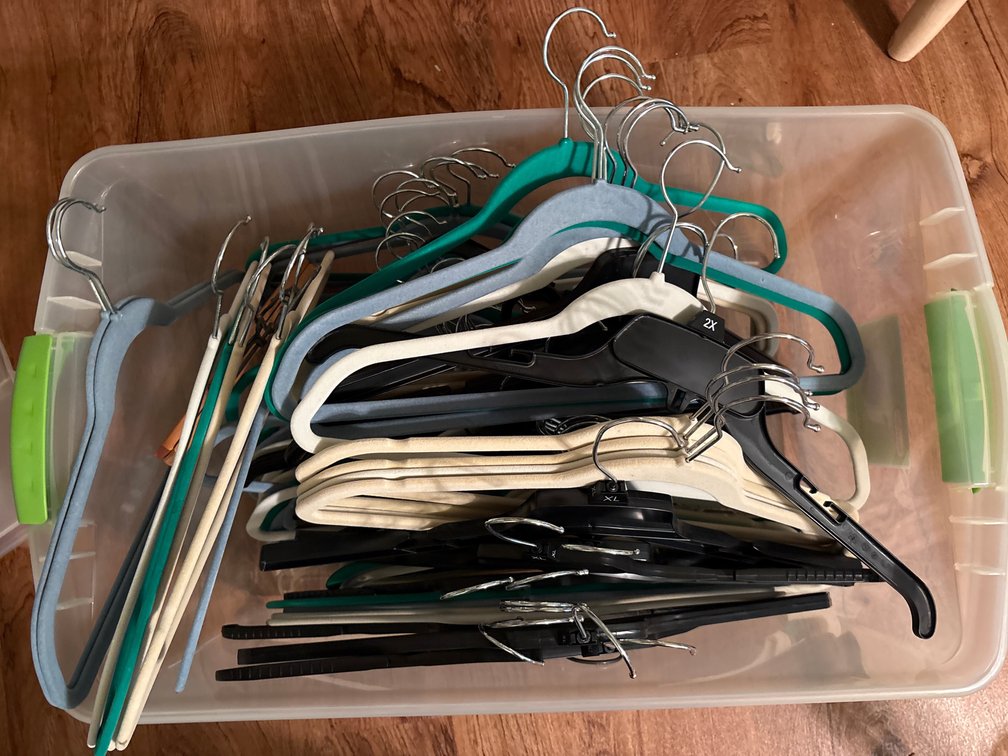 Velvet-Flocked and Plastic Clothes Hangers in Storage Tote
