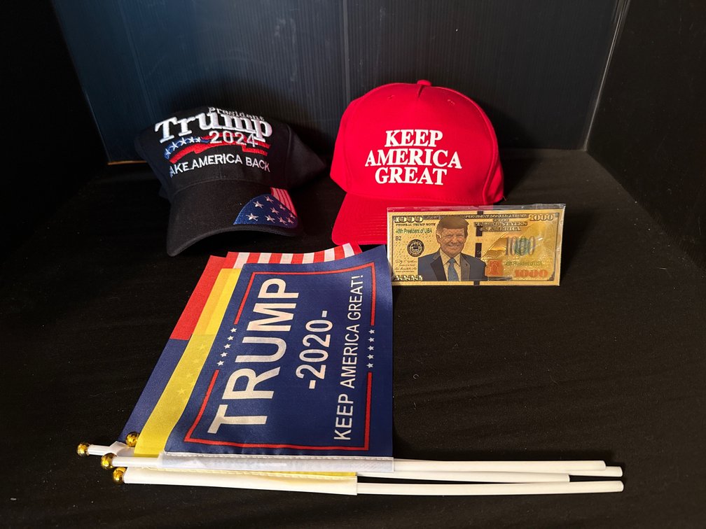 Donald Trump Campaign Caps, Novelty Banknote, and Stick Flags