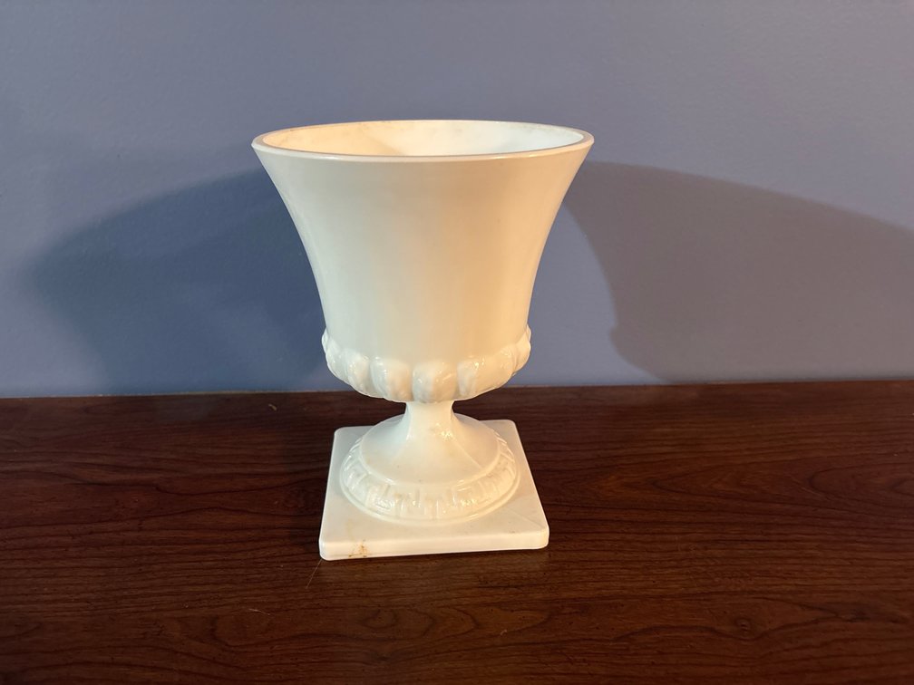 White Milk Glass Footed Urn Vase with Square Base