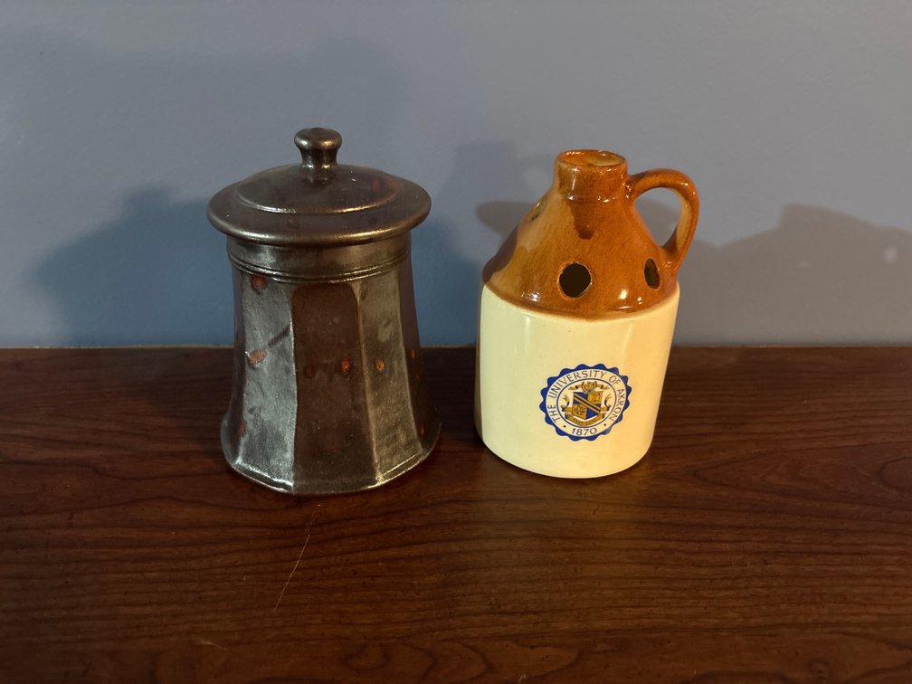 Ceramic Lidded Canister and University of Akron Miniature Jug