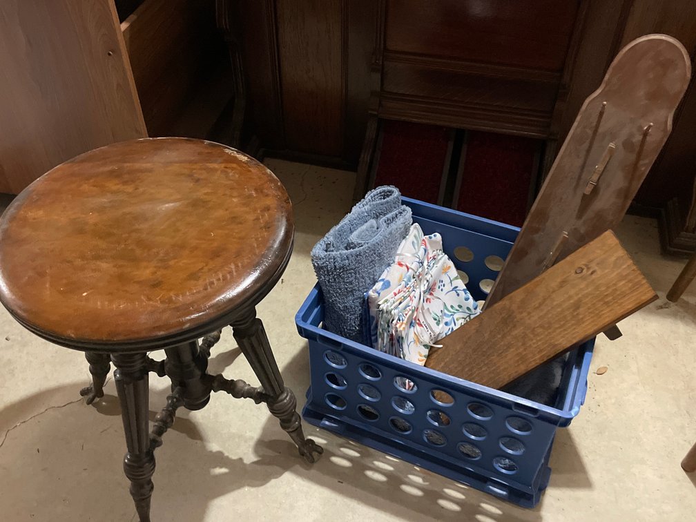 Wood Swivel Piano Stool, Linens, and Wooden Boards