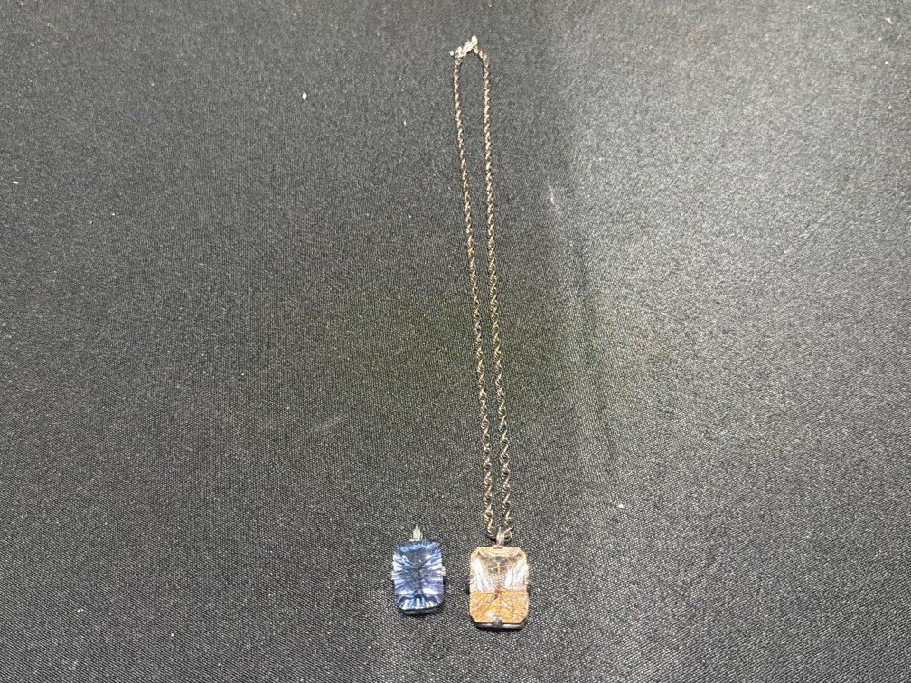 Faceted Blue Stone and Rutilated Quartz Pendants with 14K Clasp Chain